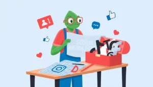 a chameleon with glasses reading a social media